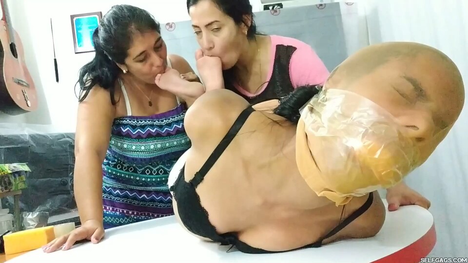 Sponge Gagged And Pantyhose Encased For Toe Sucking By Two Crazy Latina MILFs!