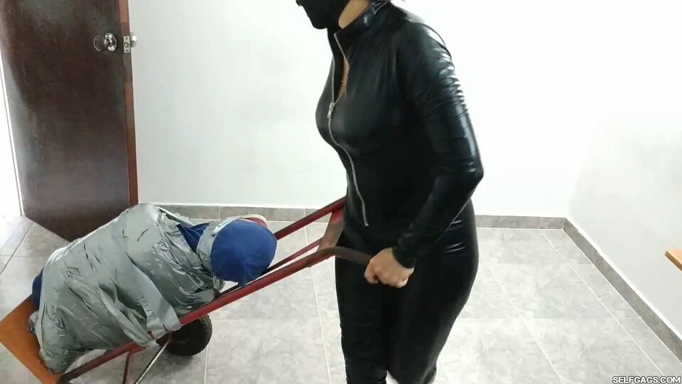Ball Tied Latina Transported Away On A Box Mover By A Greedy Catsuit Burglar!