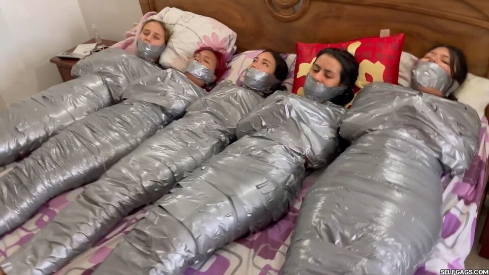 Trapped In Mummy Mansion: 5 Mummified Girls Struggle All Wrapped Up And Gagged!