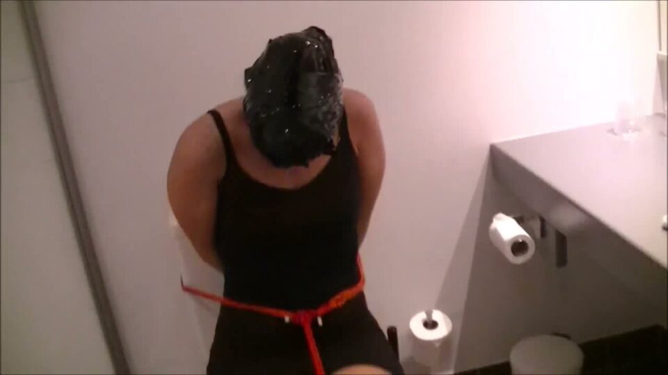 Head Encased Bondage Bitch Gagged And Blinded On The Toilet — gallery-1