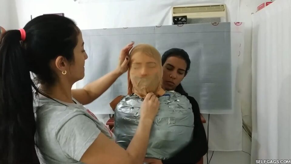 Katherine Martinez Collared And Pantyhose Hooded In Multilayered Mummification Bondage — gallery-6