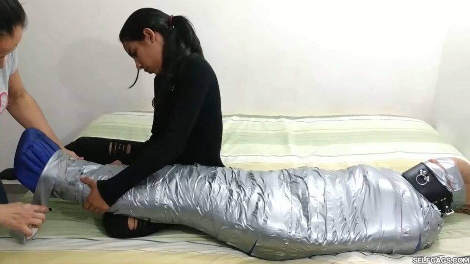 Katherine Martinez Collared And Pantyhose Hooded In Multilayered Mummification Bondage — gallery-7