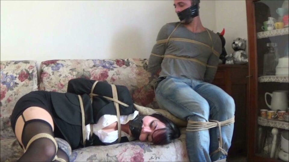 Couple Bondage: Look At You Two — a Sexy Police Woman and a Bad Guy Bound and Gagged Side by Side — gallery-6