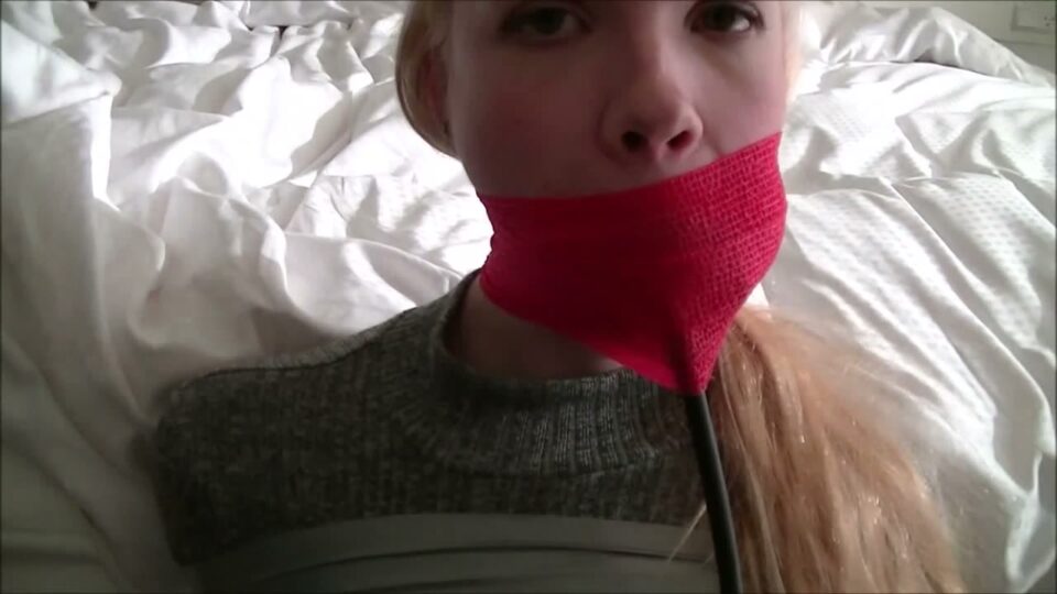 Scandinavian Blonde: All Gagged Up with Inflatable Butterfly, Vet Wrap and a Cruel Double Sock Stuffing Wrapped in Her Mouth with Clear Medical Tape — gallery-8